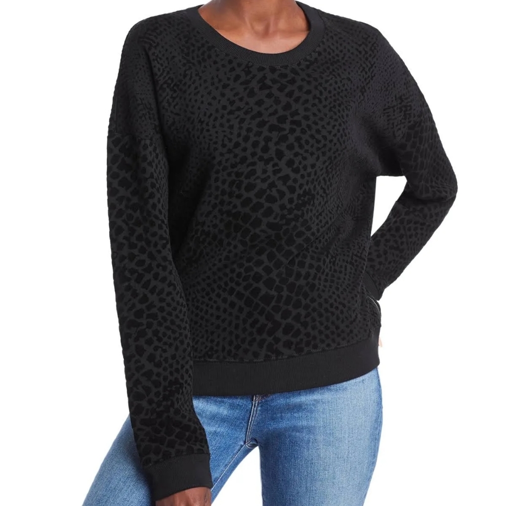 Rails Marlo Black Animal Print Side Zip Sweater Flocked Velvet Cobra Large NEW